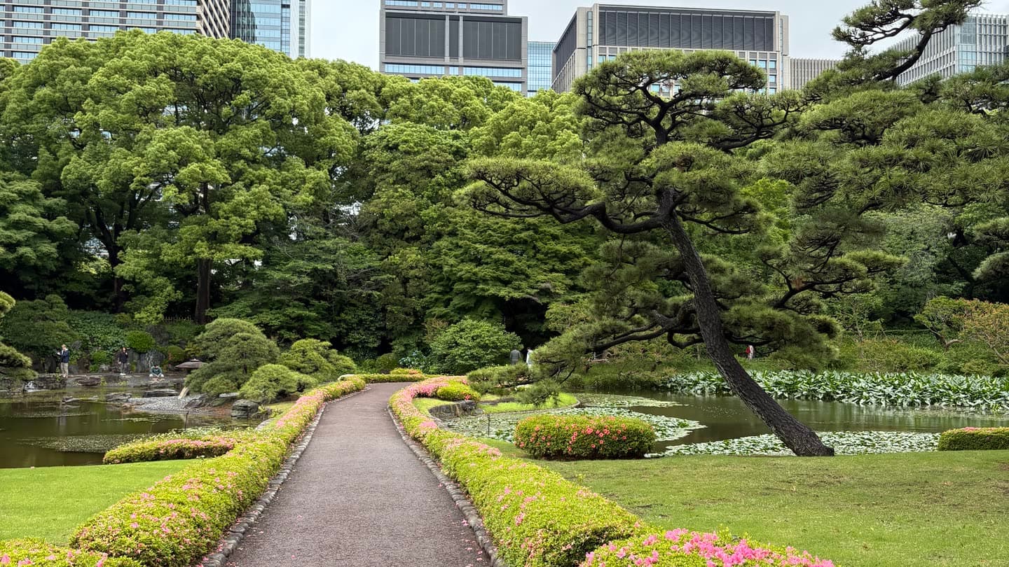 A curved gravel path through a garden in central Tokyo, with office towers rising behind the trees
